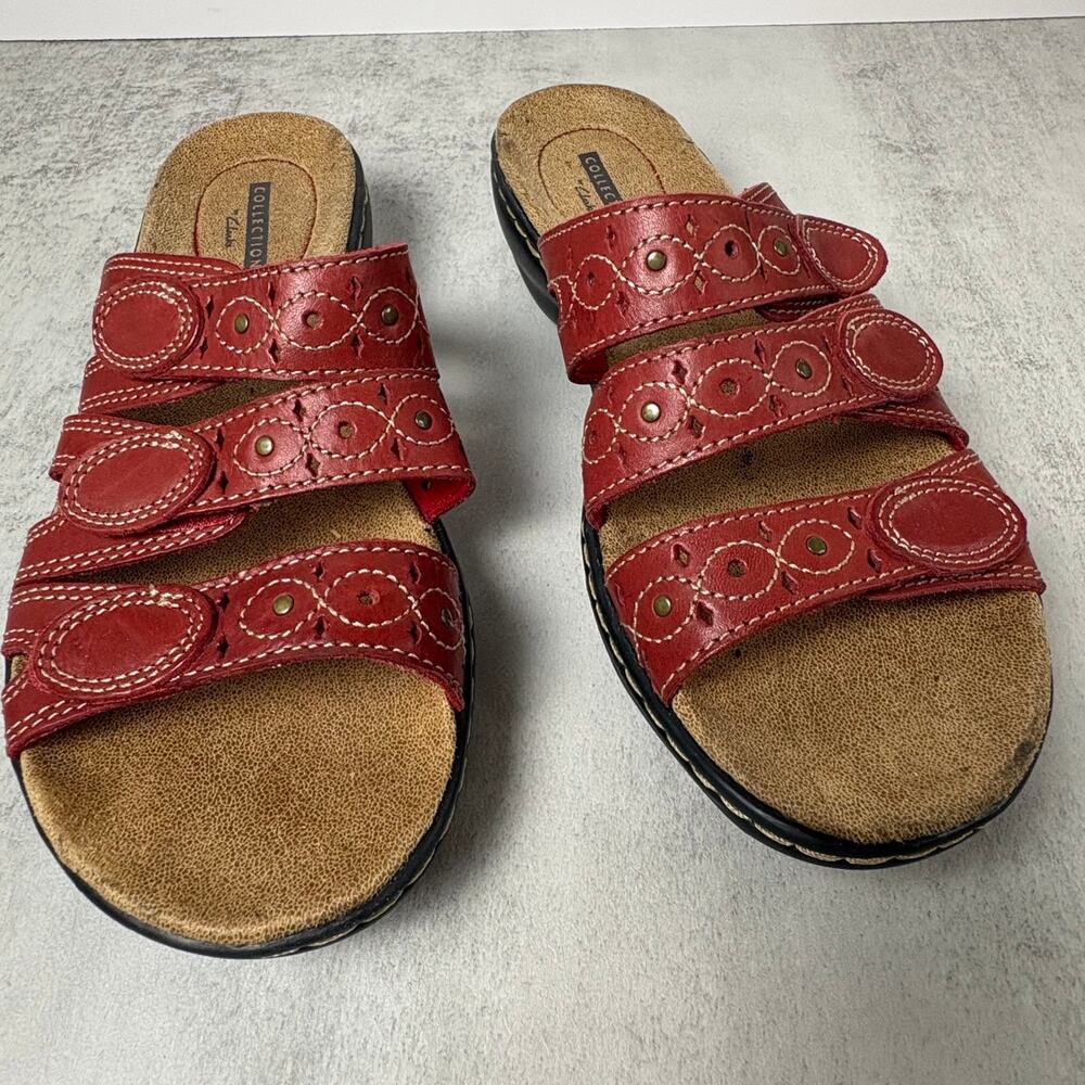 Clarks Womens 7M Leisa Cacti Red Leather Casual Slide Lightweight Sandals